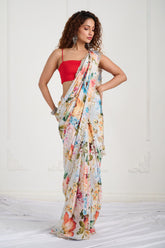 White Blue Floral Printed Crepe Handwork Saree