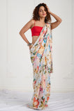 White Blue Floral Printed Crepe Handwork Saree