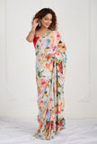 White Blue Floral Printed Crepe Handwork Saree