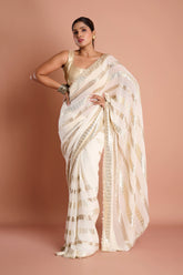 White Stripes Sequins Georgette Designer Saree