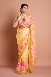 Yellow Chinon Floral Sequins Designer Saree