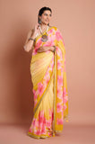 Yellow Chinon Floral Sequins Designer Saree