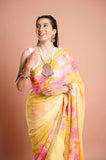 Yellow Chinon Floral Sequins Designer Saree
