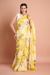 Yellow Chinon Printed Sequins Designer Saree