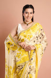 Yellow Chinon Printed Sequins Designer Saree