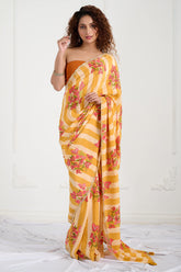 Yellow Stripes Crepe Handwork Designer Saree