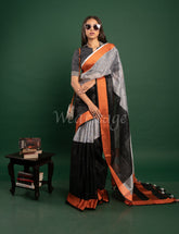 Ash Linen Saree with Orange Pallu