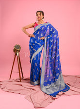 Blue Banarasi Khaddi Saree With Motifs