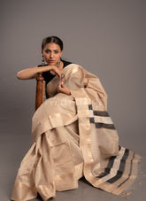 Beige Handwoven Kel Border Maheshwai Saree