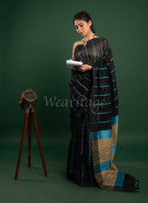 Black Linen Saree with Blue Pallu