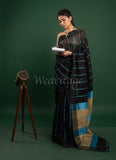 Black Linen Saree with Blue Pallu
