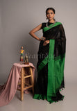 Black Linen Saree with Green Border
