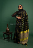 Black Linen Saree with Green Stripes