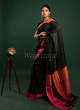 Black Linen Saree with Orange-pink border