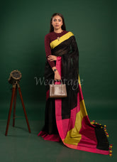 Black Linen Saree with Pink Green Border