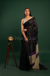 Black Linen Saree with Purple Pallu