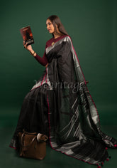 Black Linen Saree with Silver Pink Border