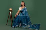 Blue Linen Saree with Green Border