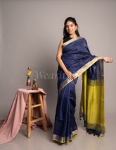 Blue Linen Saree with Yellow Pallu