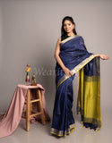 Blue Linen Saree with Yellow Pallu