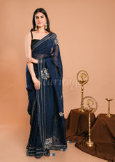 Blue Silk Organza Crystal Resham Saree