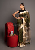 Bottle Green Handwoven Big Karavat Maheshwari Saree
