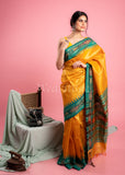 Dark Yellow Pure Desi Tussar Saree with Ikat Pallu