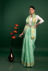 Light Green Linen Saree with Golden Border