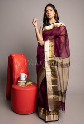 Magenta Handwoven Big Karavat Maheshwari Saree