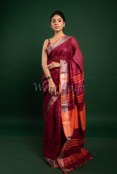 Maroon Linen Saree with Orange silver border and Pallu