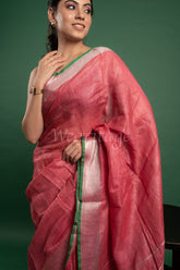 Orange Linen Saree with Silver Green Border