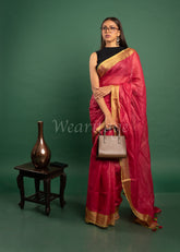 Pink Linen Saree with Green Golden border