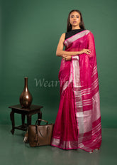 Pink Linen Saree with Silver Border