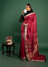Red Linen Saree with Green Golden Border
