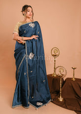 Teal Blue Uppada Silk Moti and Jarkan Saree