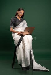 White Linen Saree with Silver black Border