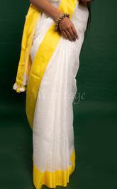 White Linen Saree with Yellow Border