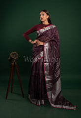 Wine Linen Saree with Silver Border