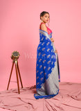 Blue Banarasi Khaddi Saree With Motifs