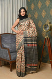 Beige-Black And Red Leaves Pure Tussar Ghicha Printed Saree