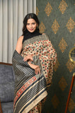 Beige-Black And Red Leaves Pure Tussar Ghicha Printed Saree