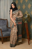 Beige-Black And Red Leaves Pure Tussar Ghicha Printed Saree