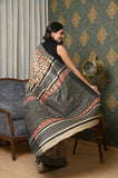 Beige-Black And Red Leaves Pure Tussar Ghicha Printed Saree