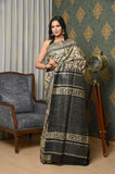 Beige-Black Pure Tussar Ghicha Printed Saree