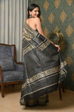 Beige-Black Pure Tussar Ghicha Printed Saree