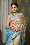 Beige-Blue Pure Tussar Ghicha Printed Saree