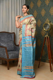 Beige-Blue Pure Tussar Ghicha Printed Saree