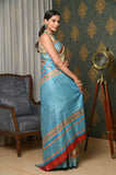 Beige-Blue Pure Tussar Ghicha Printed Saree