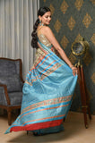 Beige-Blue Pure Tussar Ghicha Printed Saree