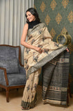 Beige-red Pure Tussar Ghicha Printed Saree